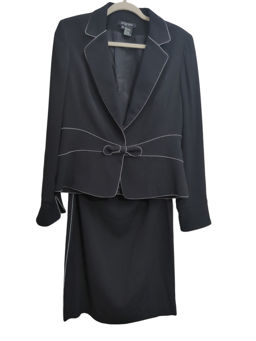 ETCETERA Black Skirt Suit Set Size 10 White Contrast Stitch Bow Dark Coquette
